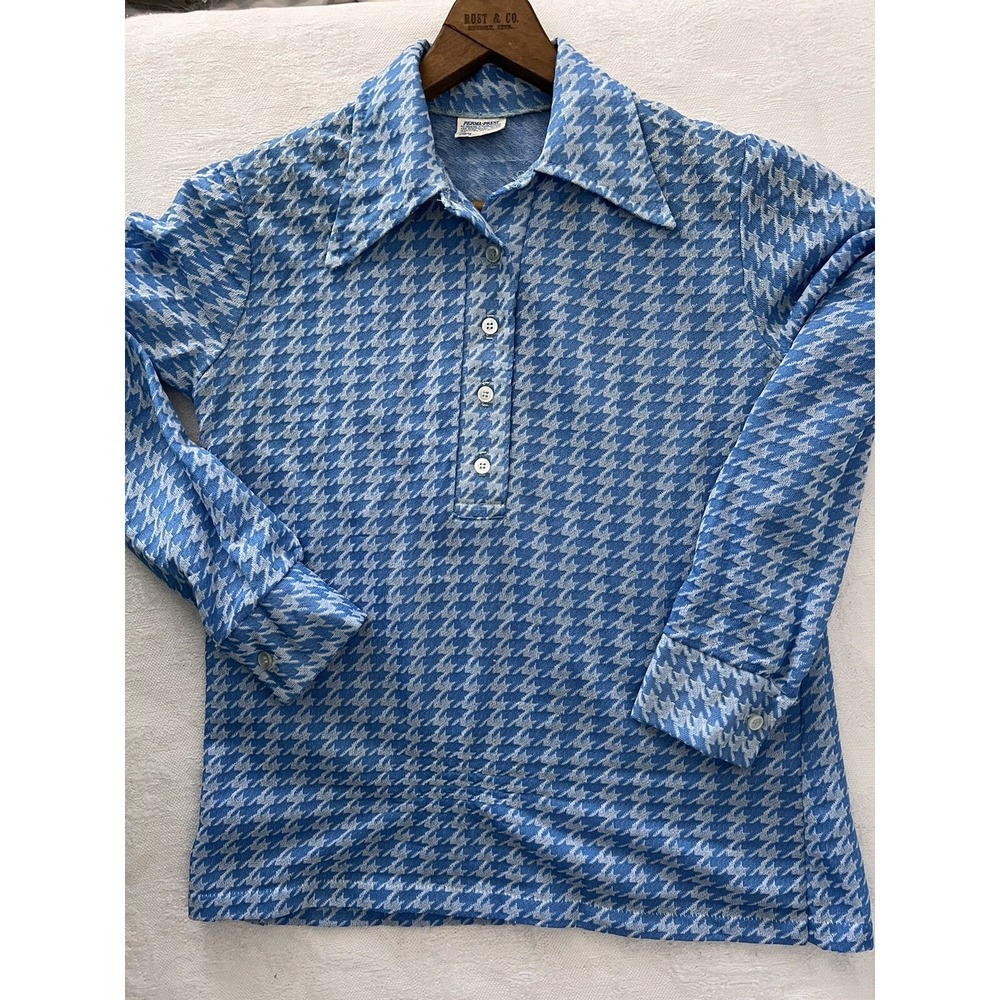 Vintage 1970s Blouse Houndstooth Women's by Sears Perma Prest Small Med Blue